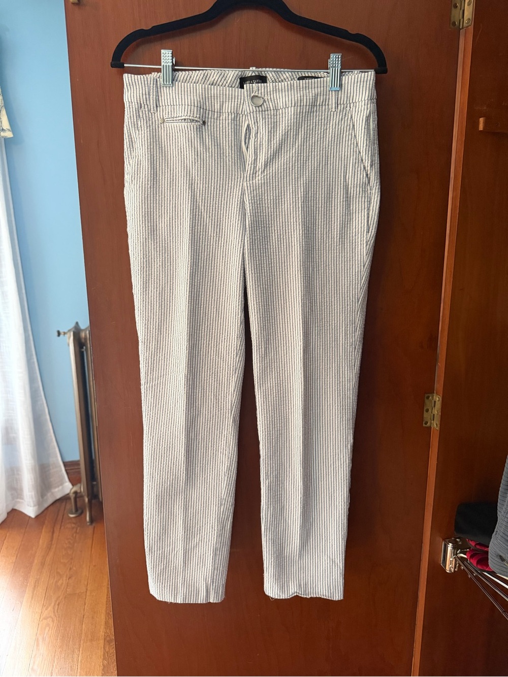 Slim Fit Seersucker Pants in Light Blue and White